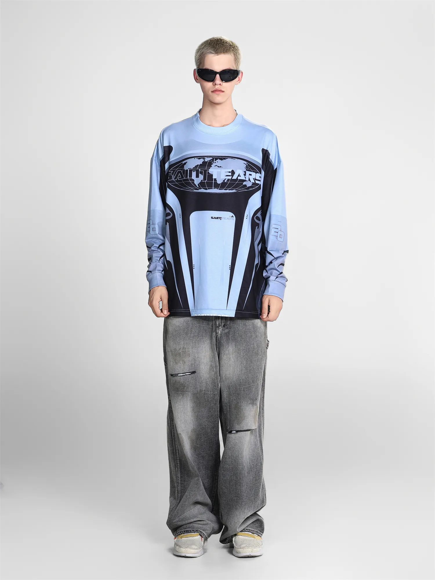 Saint michael tears all-over printed long-sleeved vintage autumn and winter T-shirt Style number: 113 Size: M L XL Wholesale price: 136 Color: white gray blue